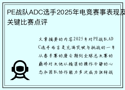 PE战队ADC选手2025年电竞赛事表现及关键比赛点评
